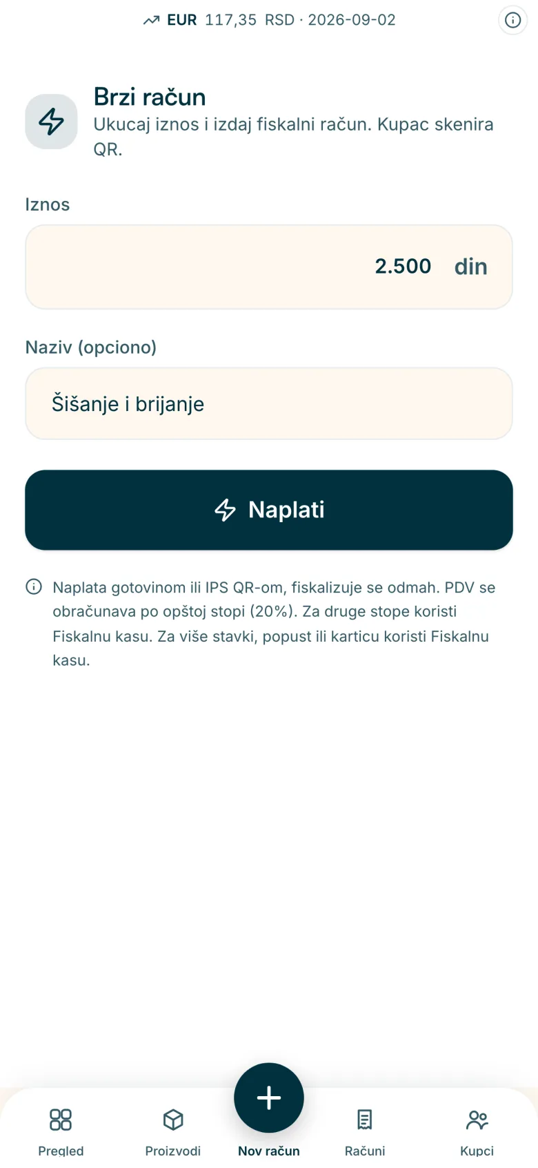 Tezga eKasa na telefonu: Ukucaš iznos, račun je izdat